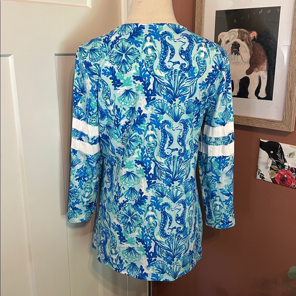 Lilly Pulitzer Mermaid Ollie Blue Teal White “Seeing Double” M Long Sleeve Top - Picture 6 of 12